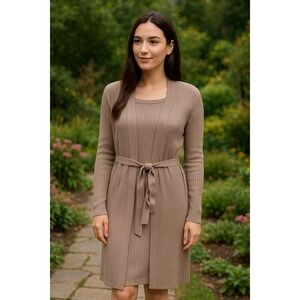 Magaschoni Sweater‎ Dress Womens Small Tan Long Line Cardigan Dress Set Knit